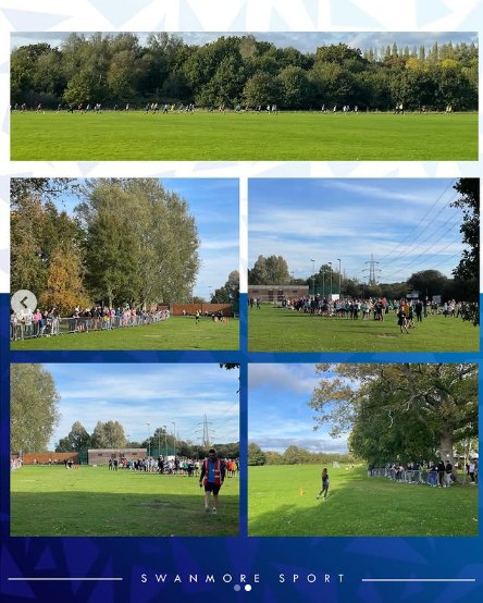 Image shows pictures of the Year 5 and Year 6 pupils from several primary schools taking part in the cross country competition on our course