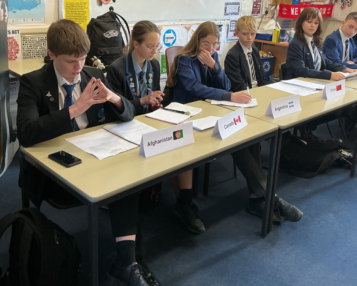 Image shows a Swanmore pupil talking at the Model UN