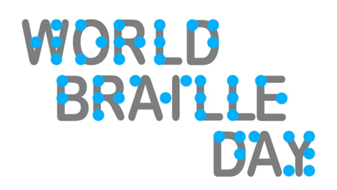 World Braille Day graphic featuring Braille-inspired lettering and blue dot design elements.