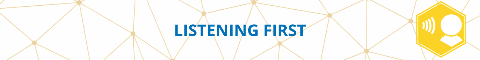 Horizontal banner featuring the Swanmore swan illustration on the left, a listening icon on the right, and the heading text “LISTENING FIRST” on a light geometric background.