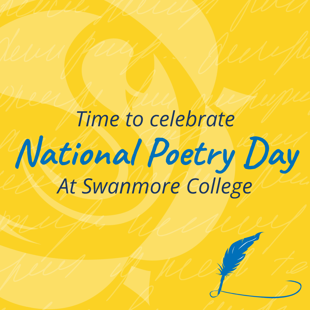 Published by Swanmore College on 01 October 2026. A yellow graphic featuring stylized cursive handwriting in the background and a blue feather quill icon in the bottom right corner, with blue text that reads "Time to celebrate National Poetry Day At Swanmore College".