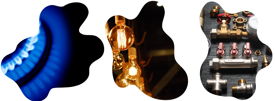Image shows a lit gas hob, glowing light bulbs, and bits of pipework