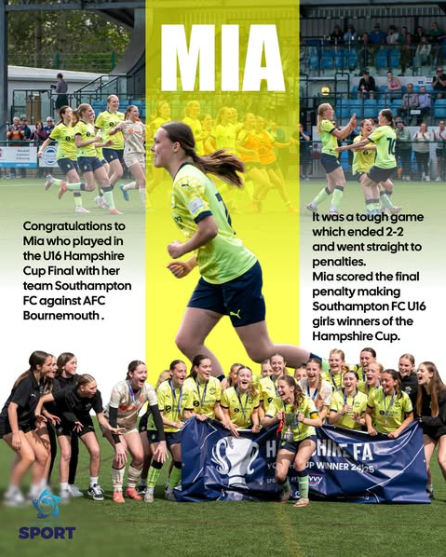 Image shows Mia, a pupil who has planed in the under 16 Hampshire Cup Final with her team Southampton FC against AFC Bournemouth. The image shows Mia, her team in action and a team celebratory photo, with additional text: it was a tough game which ended 2-2 and went straight to penalties. Mia scored the final penalty making Southampton FC under 16 girls winners of the Hampshire Cup.