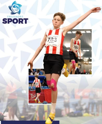 Year 8 pupil Finlay competing in the long jump indoors, wearing a red and white athletics vest with number 783, captured mid-jump with additional competition photos in the background and Swanmore Sport branding.