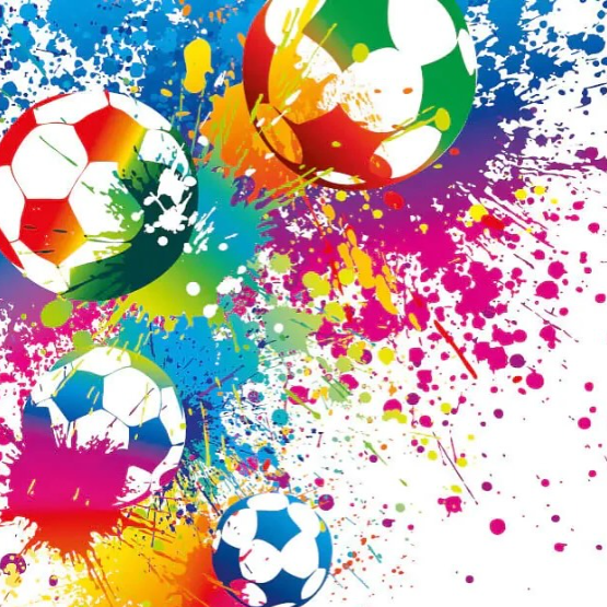Image shows a graphic of 4 footballs coming from the left side of the image, with colourful paint exploding against them and the backdrop
