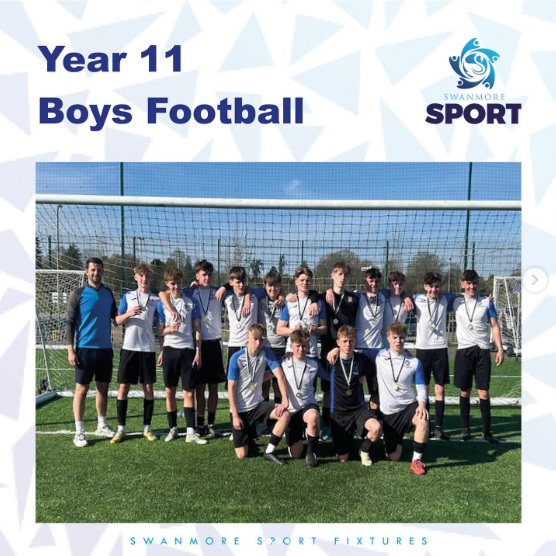 Image shows members of the Year 11 boys' football team wearing medals as champions of the district cup final