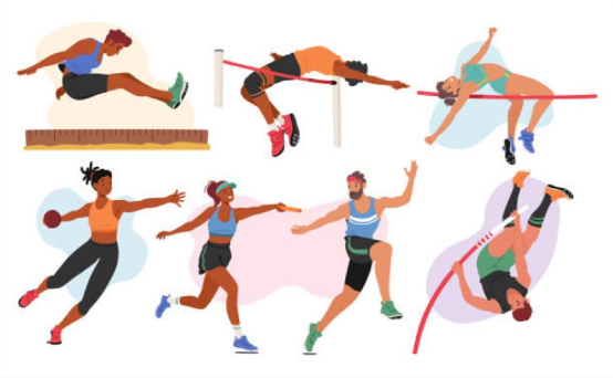 Image shows a graphic of a range of Athletics field events including long jump, high jump, shotput, relay and another high jump.