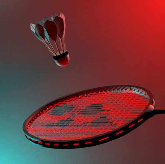 Image shows a badminton shuttlecock falling towards a badminton racket, with a red and turquoise background.