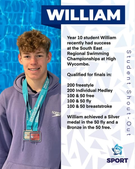 Image shows a picture of year 10 pupil, William, who recently had success at the South East Regional Swimming Championships at High Wycombe. He qualified for finals in: 200 metre freestyle, 200 metre individual medley, 100 and 50 metre freestroke, 100 and 50 metre butterfly, 100 and 50 metre breastroke. William achieved a silver medal in the 50 metre butterfly and a bronze in the 50 metre freestyle.