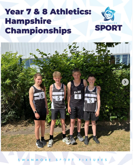 Image shows the 4 pupils who took part in the Year 7 and 8 Hampshire Athletics Championships