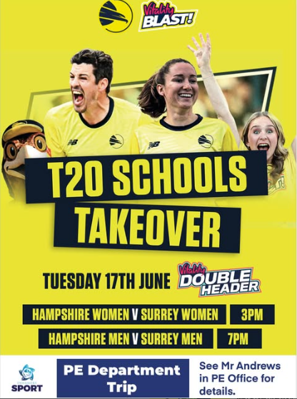 Image shows the poster for the T20 Schools Takeover taking place on Tuesday 17 June. It's a Vitality double header with Hampshire men vs Surrey men, and Hampshire women vs. Surrey women. More details have been emailed to cricket club pupils