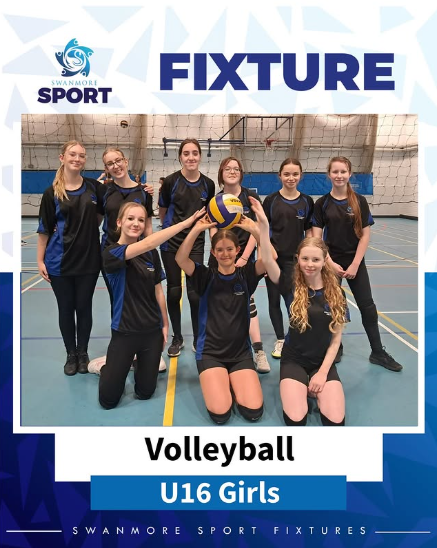A group photo of nine female pupils from the Under 16 Volleyball team inside a sports hall. Two pupils in the front are kneeling, and the team is holding a yellow and blue volleyball together. They are all wearing black and blue sports kits.