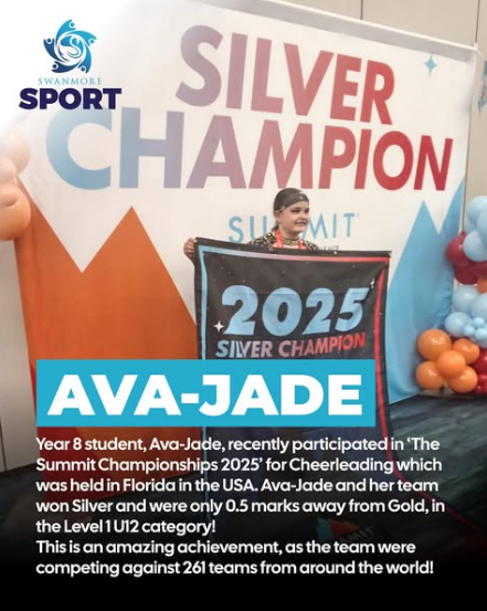 Image shows pupil, Ava-Jade, in front of the Silver Champion banner holding a 2025 Silver Champion flag. Text on the image reads Year 8 student, Ava-Jade, recently participated in 'The summit Championships 2025' for Cheerleading which was held in Florida, USA. Ava-Jade and her team won Silver and were only 0.5 marks away from Gold, in the Level 1 under12 category! This is an amazing achievement, as the team were competing against 261 teams from around the world!