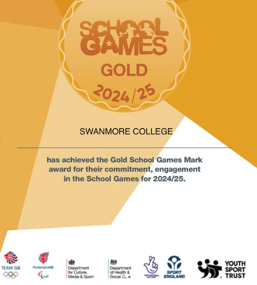 Image shows the certificate for the Gold School Games Mark award for our commitment, engagement in the school games for 2024-25. The certificate has logos from Team GB, Paralympic GB, Department for culture, media and sport, Department of health and Social Care, National Lottery, Sport England, and Youth Sport Trust