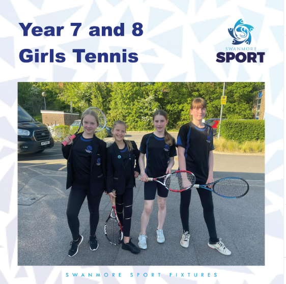 Image shows 4 of the Year 7 and Year 8 girls that travelled to St Swithuns School in Winchester for a Lawn Tennis Associateion schools tennis league fixture.