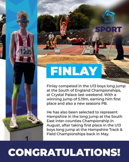 Image shows a congratulations to Finlay message using the same text as on this page, with pictures of Finlay on the podium and in mid-air during his winning long jump.
