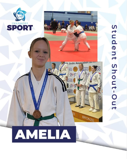 A celebratory graphic titled "Student Shout-Out" featuring a pupil named Amelia. The main image shows Amelia smiling and wearing a bronze medal over her judo kit. Smaller inset photos show her competing in a judo match and standing on a podium at the British Regional Schools Championships.