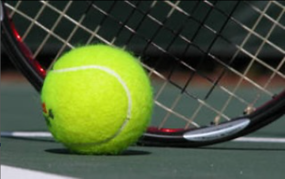 Image shows a tennis ball with a tennis racquet behind it, on a green tennis court