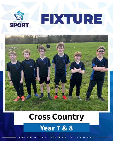 Year 7 & 8 Cross Country: A sports fixture graphic featuring six male pupils from Years 7 and 8 standing on a green grass field. They are wearing black and blue Swanmore Sport short-sleeved tops. The background shows a wide-open field typical of the College site.