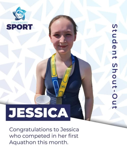 Image shows Swanmore College pupil, Jessica, with the words student shout out Jessica. Congratulations to Jessica who competed in her first Aquathon this month.