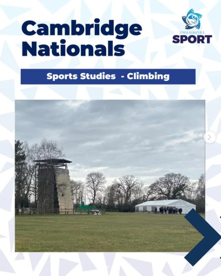 Image shows a wooden climbing tower and a marquee in a field with bare trees and a grey sky behind them. The text reads Cambridge Nationals, Sports Studies - climbing