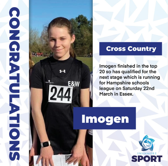 Image shows Year 8 pupil, Imogen, who has finished in the top 20 and qualified for the next stage which is running for Hampshire schools league on Saturday 22nd March in Essex