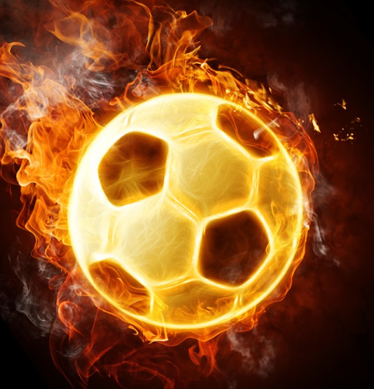 Image shows a football surrounded by flames falling from top left to bottom right of the image