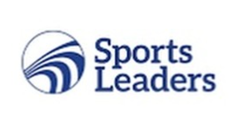 Image shows the words Sports Leaders in dark blue against a white background, with a circular icon containing curved lines