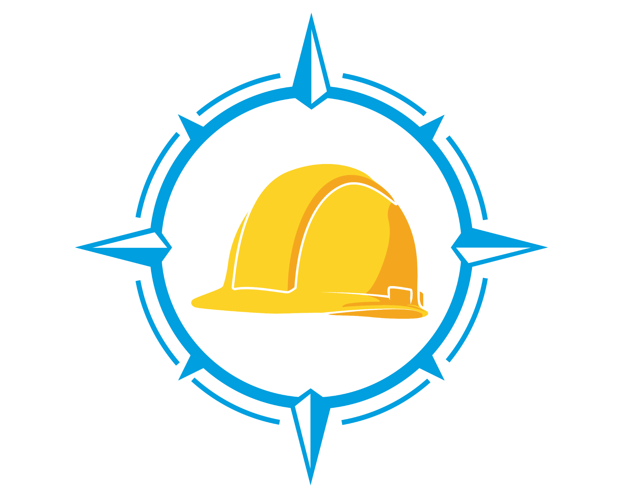 Yellow hard hat inside a blue compass-style circle on a pale blue background.