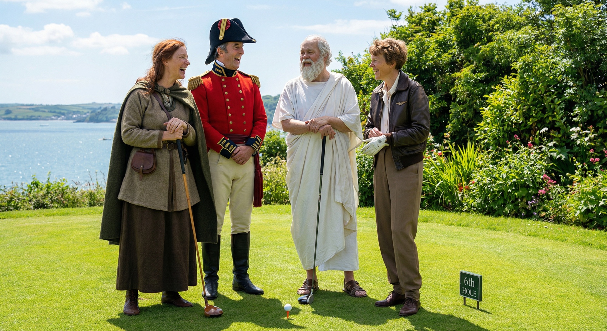 Image shows an image generated using Google's Nano banana pro - Boudica, the Duke of Wellington, Socrates and Amelia Earhart playing golf in the sunshine