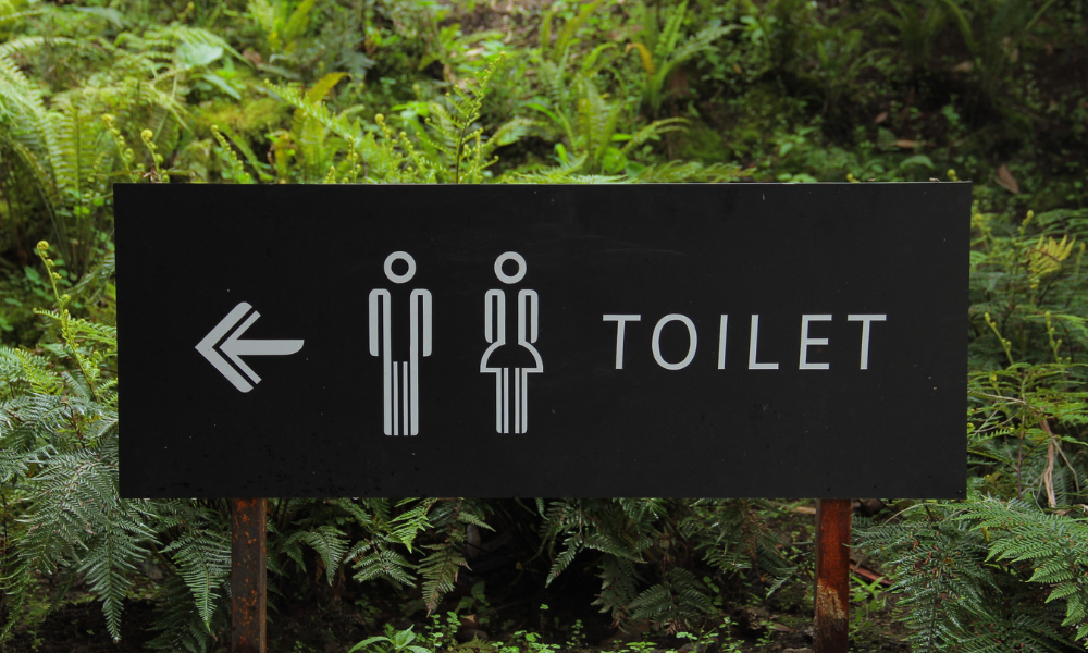 A black sign in front of green foliage showing a left arrow, male and female symbols, and the word "TOILET".