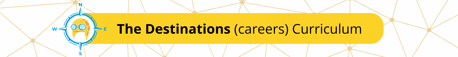 Yellow banner labelled “The Destinations (careers) Curriculum” with a head-and-goggles icon inside a blue compass marked N, E, S, W.
