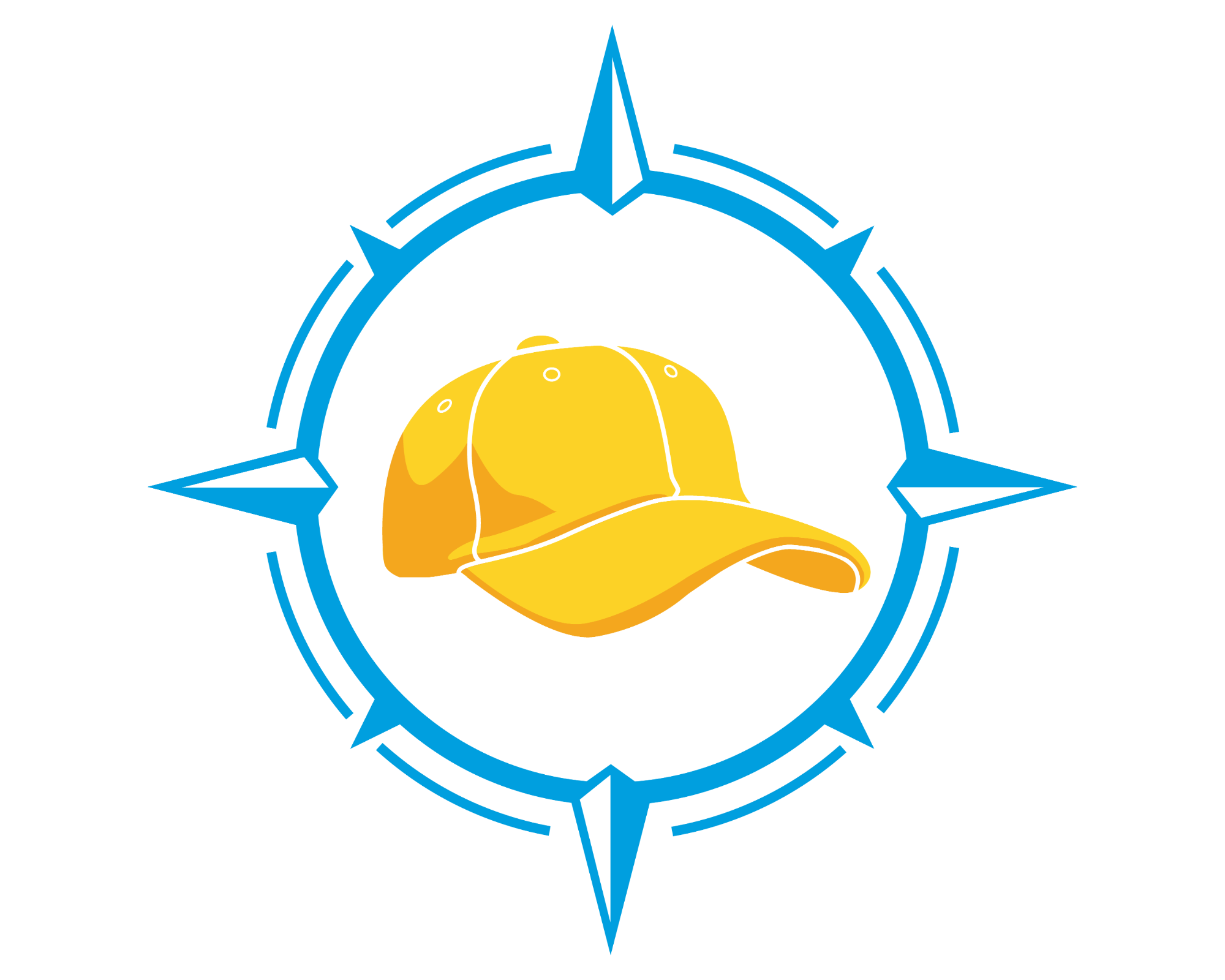 Yellow baseball cap inside a blue compass-style circle on a pale blue background.
