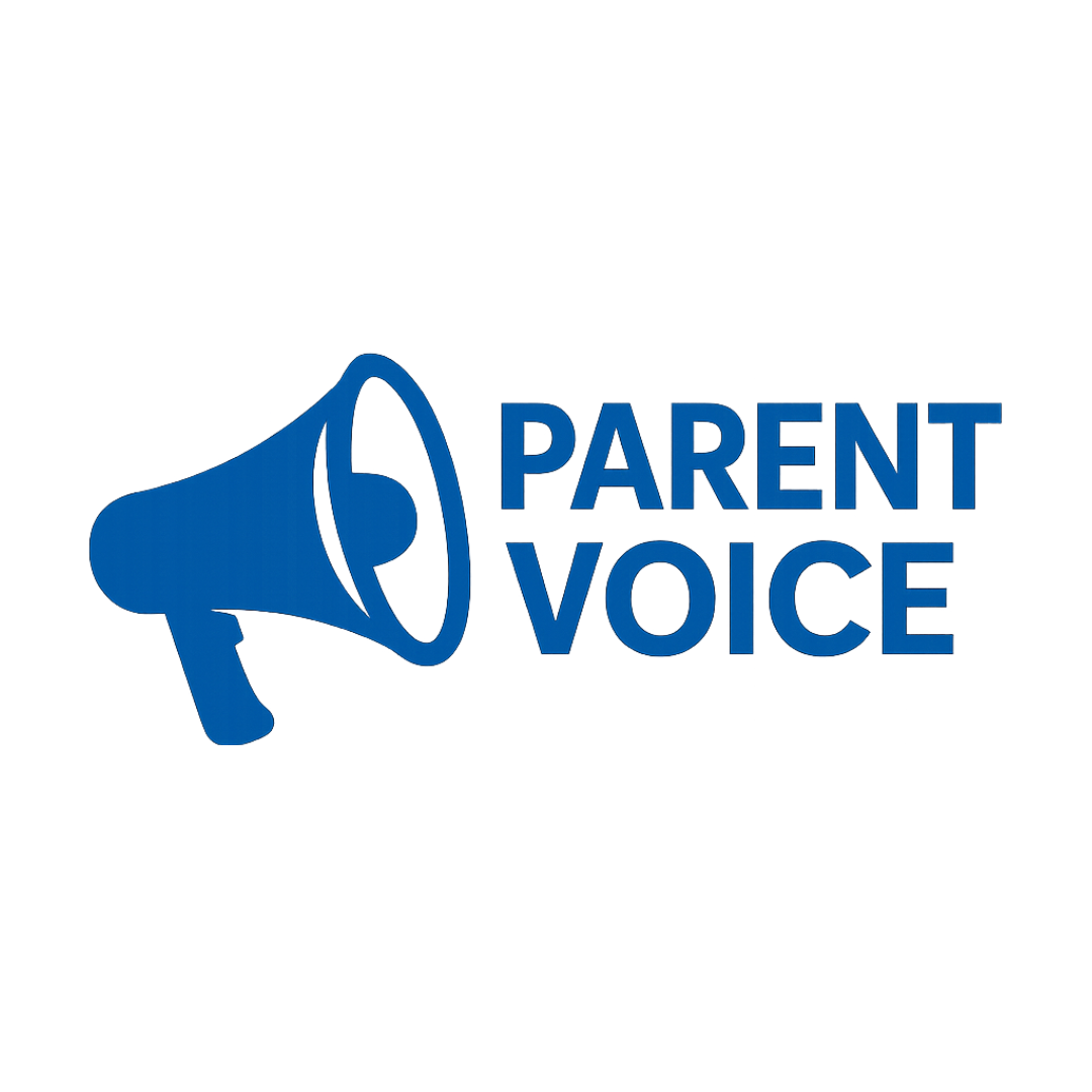 Blue “Parent Voice” logo featuring a megaphone icon on the left and the words “PARENT VOICE” in bold, uppercase lettering, set against a white background.