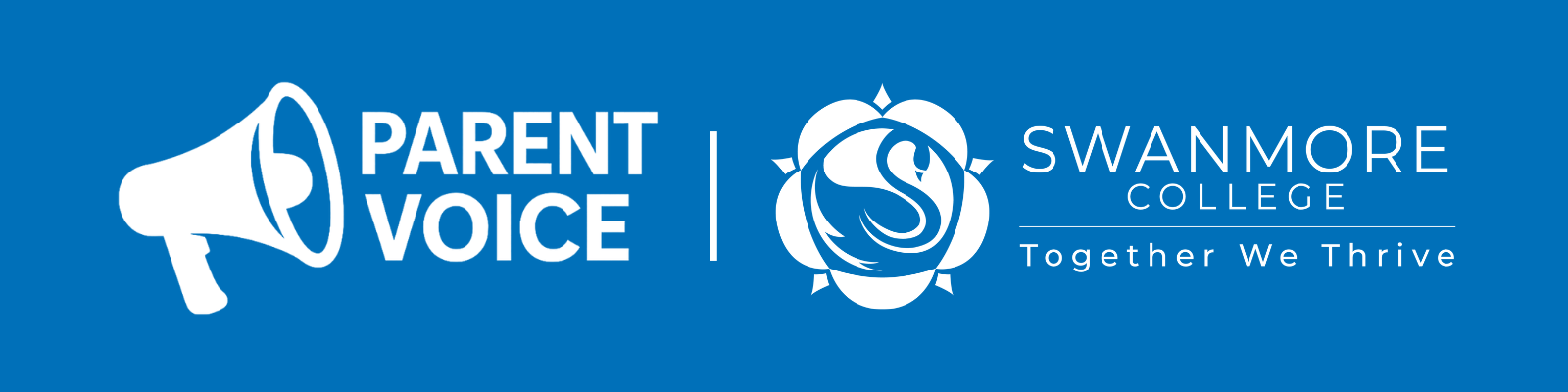 A blue banner graphic featuring a white megaphone icon beside the text "PARENT VOICE", separated by a vertical line from the Swanmore College emblem and logo with the slogan "Together We Thrive".