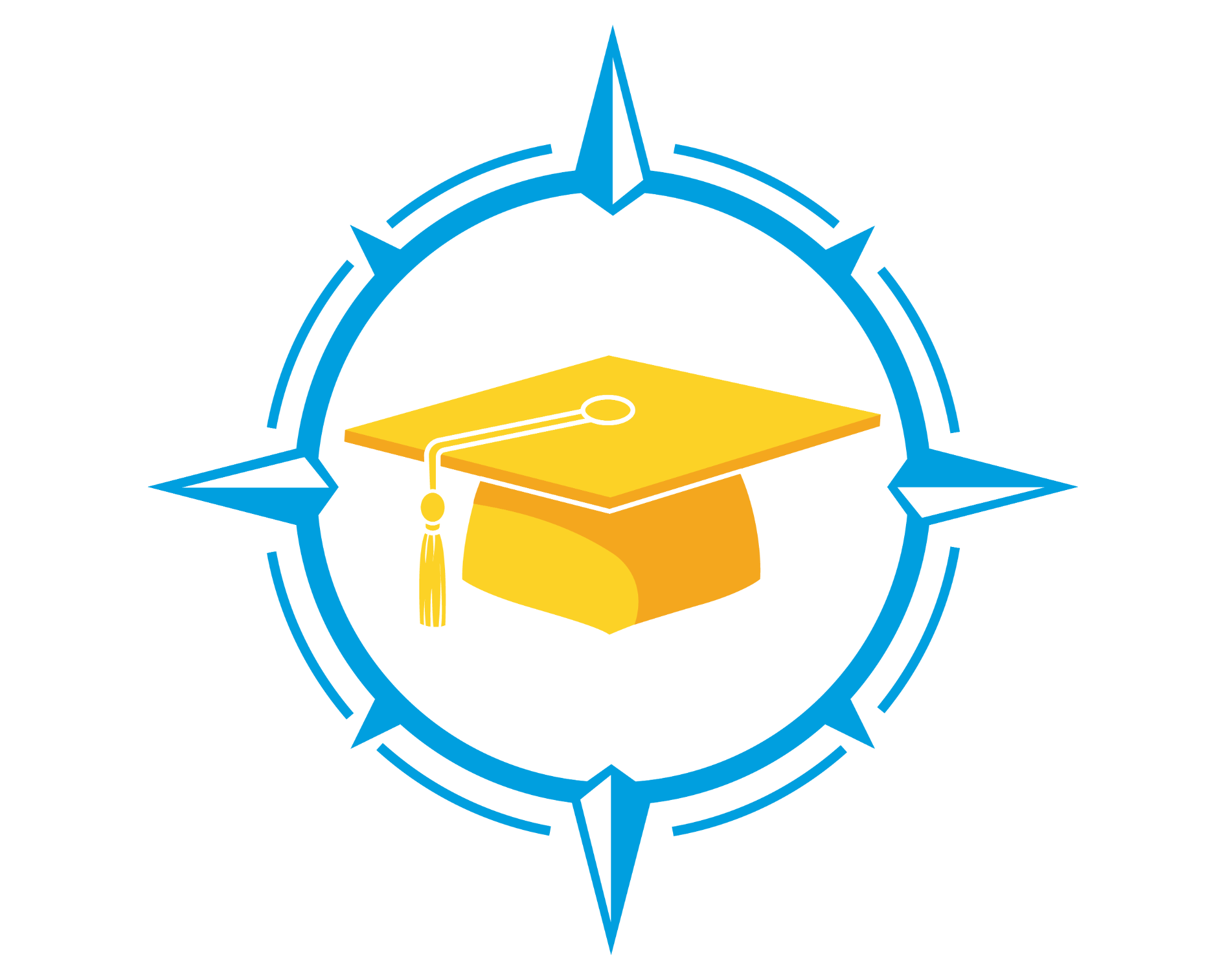 Yellow graduation cap with tassel inside a blue compass-style circle on a pale blue background.