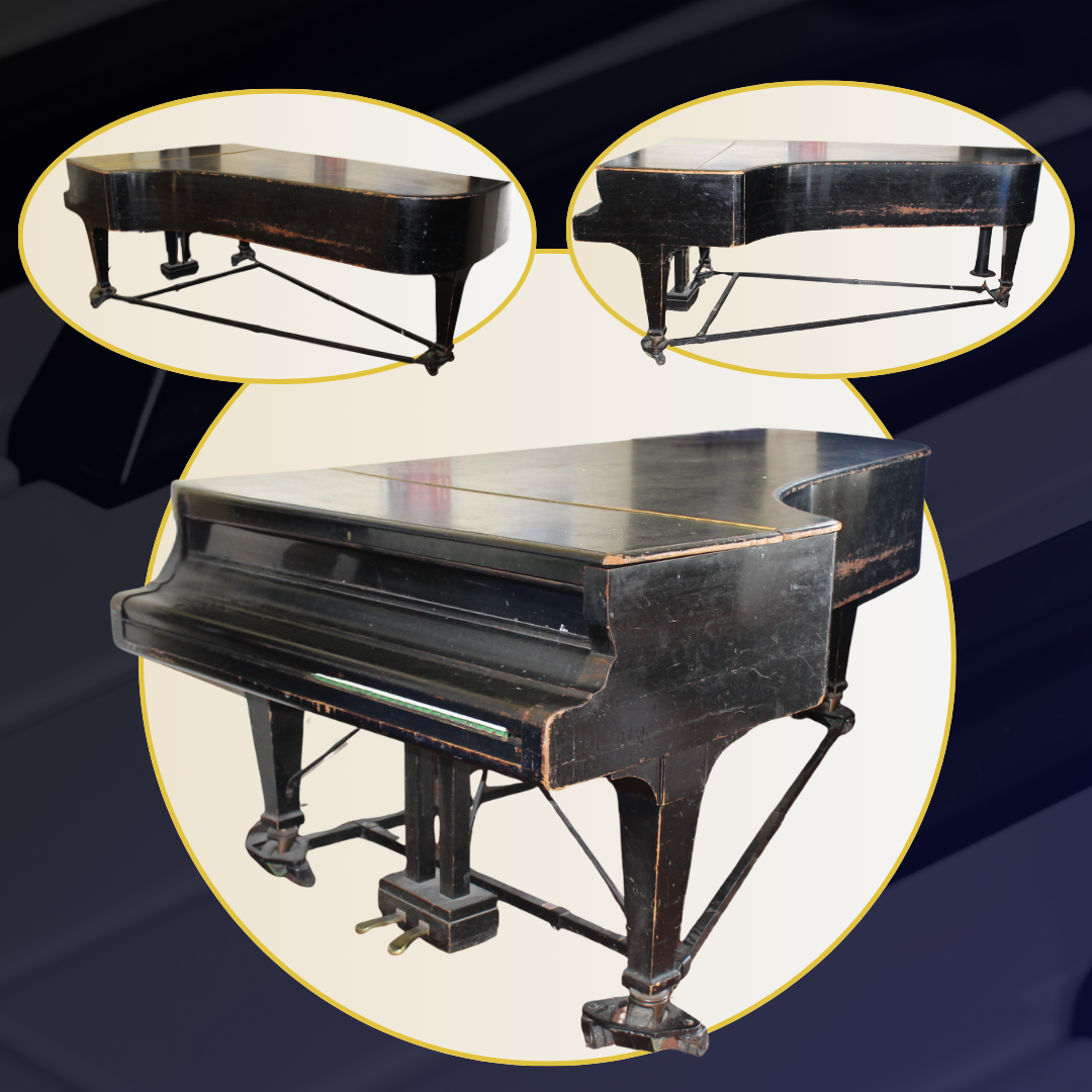 Image shows a dark background with 3 pictures of the grand piano - a large one from the front, one from the side and one from the back right corner
