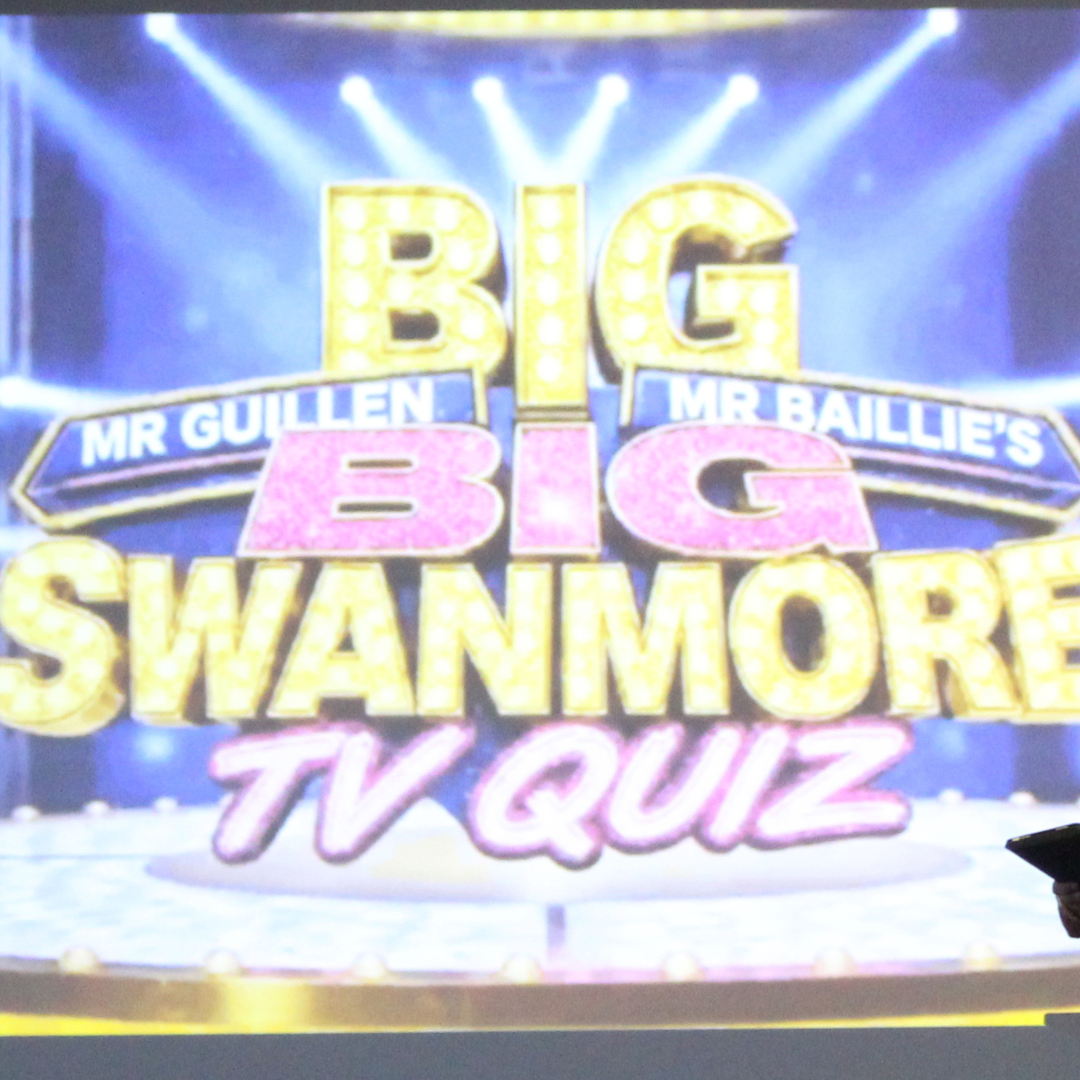 Image is the screen for the Big Big Swanmore TV Quiz hosted by Mr Guillen and Mr Baillie during the July Jamboree