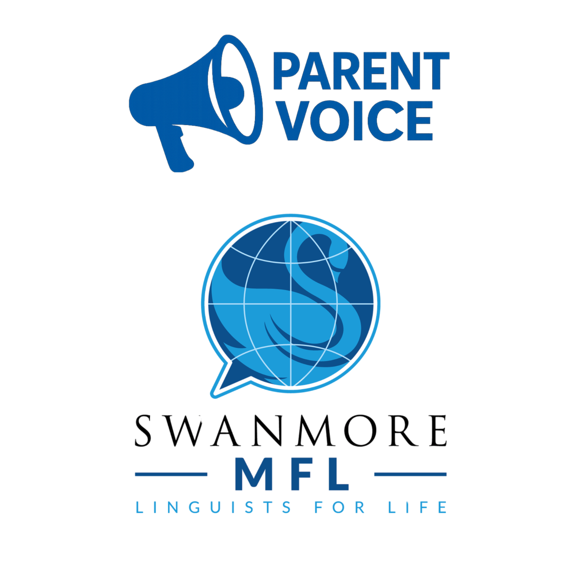 Blue megaphone icon with “Parent Voice” text above Swanmore MFL logo featuring a globe with a swan, promoting languages feedback initiative.