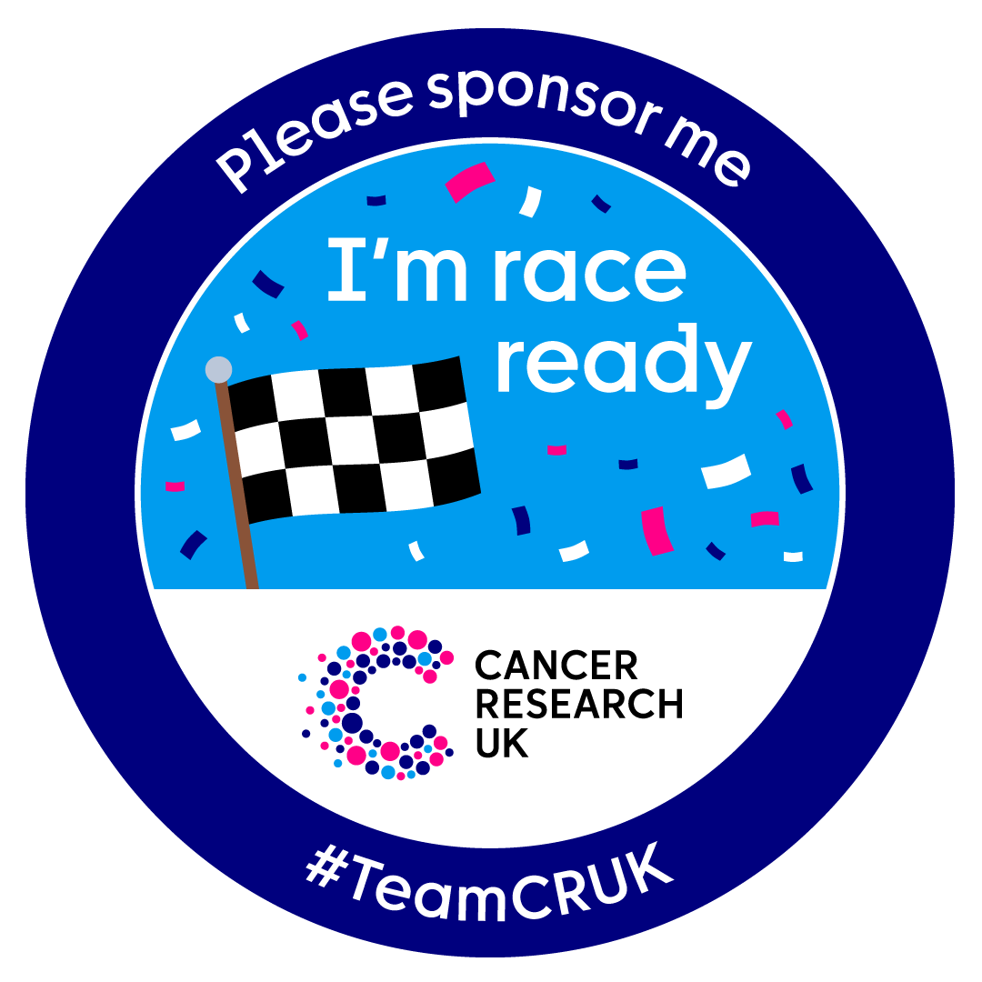 Circular Cancer Research UK fundraising graphic featuring the text “Please sponsor me”, “I’m race ready” and “#TeamCRUK”, alongside a chequered race flag and the Cancer Research UK logo on a blue and white background.