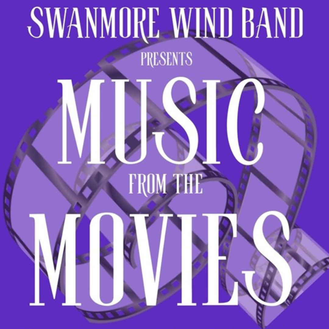 Poster for Swanmore Wind Band concert “Music from the Movies” with film reel graphic on a purple background