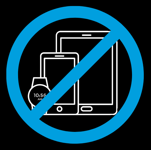 Blue prohibition symbol over white outlines of a smartphone, tablet, and smartwatch on a black background, signaling no mobile devices.