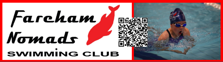 Fareham Nomads Swimming Club logo with red dolphin, QR code and swimmer image on a white background.