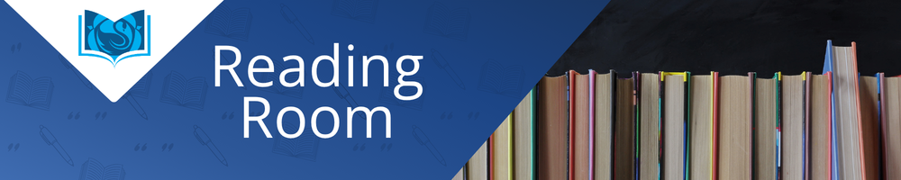 Swanmore College Reading Room banner featuring the Swanmore College logo, “Reading Room” text on a blue geometric background with subtle book-themed illustrations, and a row of books along the right side