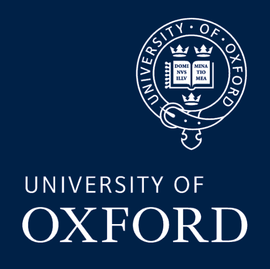University of Oxford logo in white on a dark blue background featuring the circular crest with crown and Latin motto, and large text below reading “UNIVERSITY OF OXFORD”.