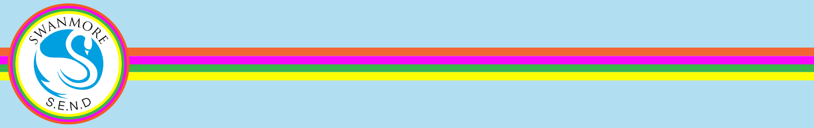 Circular “Swanmore S.E.N.D.” logo with bright pink, yellow, and orange stripes on a pale blue background.