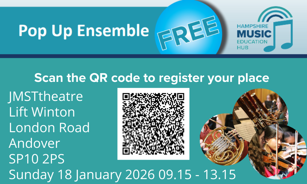 Promotional banner for a free Pop Up Ensemble music session, showing event details for JMST Theatre at Lift Winton, Andover, on Sunday 18 January 2026 from 9.15am to 1.15pm, with a QR code to register and images of children playing orchestral instruments.