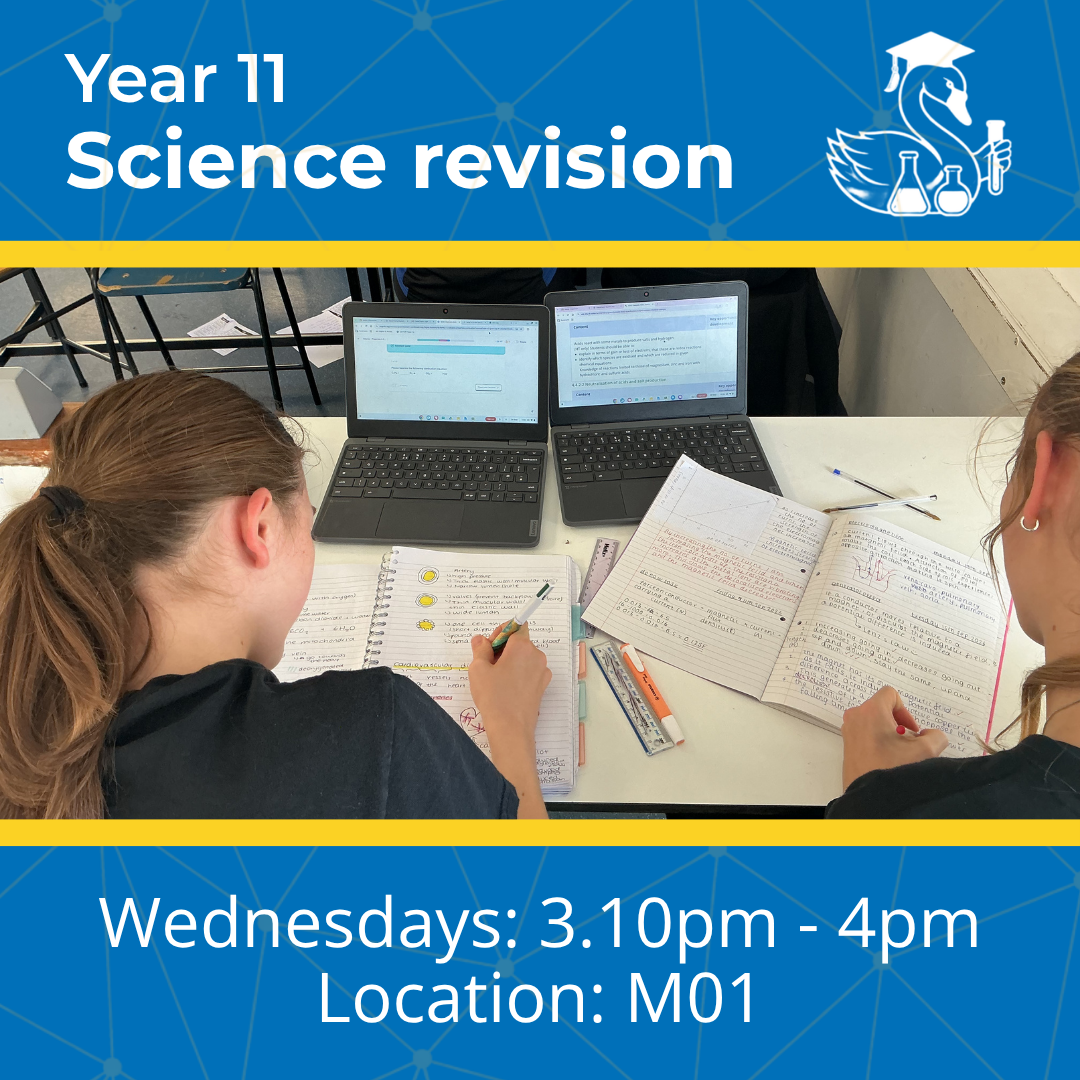 A promotional graphic for Year 11 Science revision sessions held Wednesdays from 3.10pm to 4pm in Location: M01. Set within a blue and yellow branded frame with the Swanmore College science emblem, the photo shows two pupils working at a desk with laptops and handwritten revision notebooks.