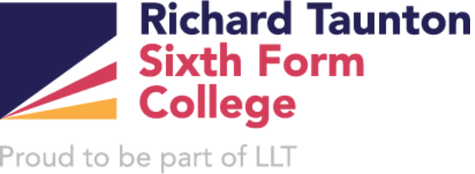 A logo graphic featuring a geometric icon made of dark blue, pink, and yellow angled stripes on the left. Next to it, dark blue text reads "Richard Taunton" above pink text reading "Sixth Form College". Light grey text across the bottom reads "Proud to be part of LLT".