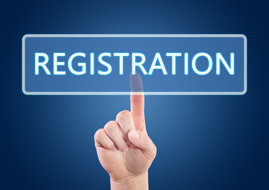 A blue graphic displaying a hand pressing a light blue button with the text "REGISTRATION" in capital letters.